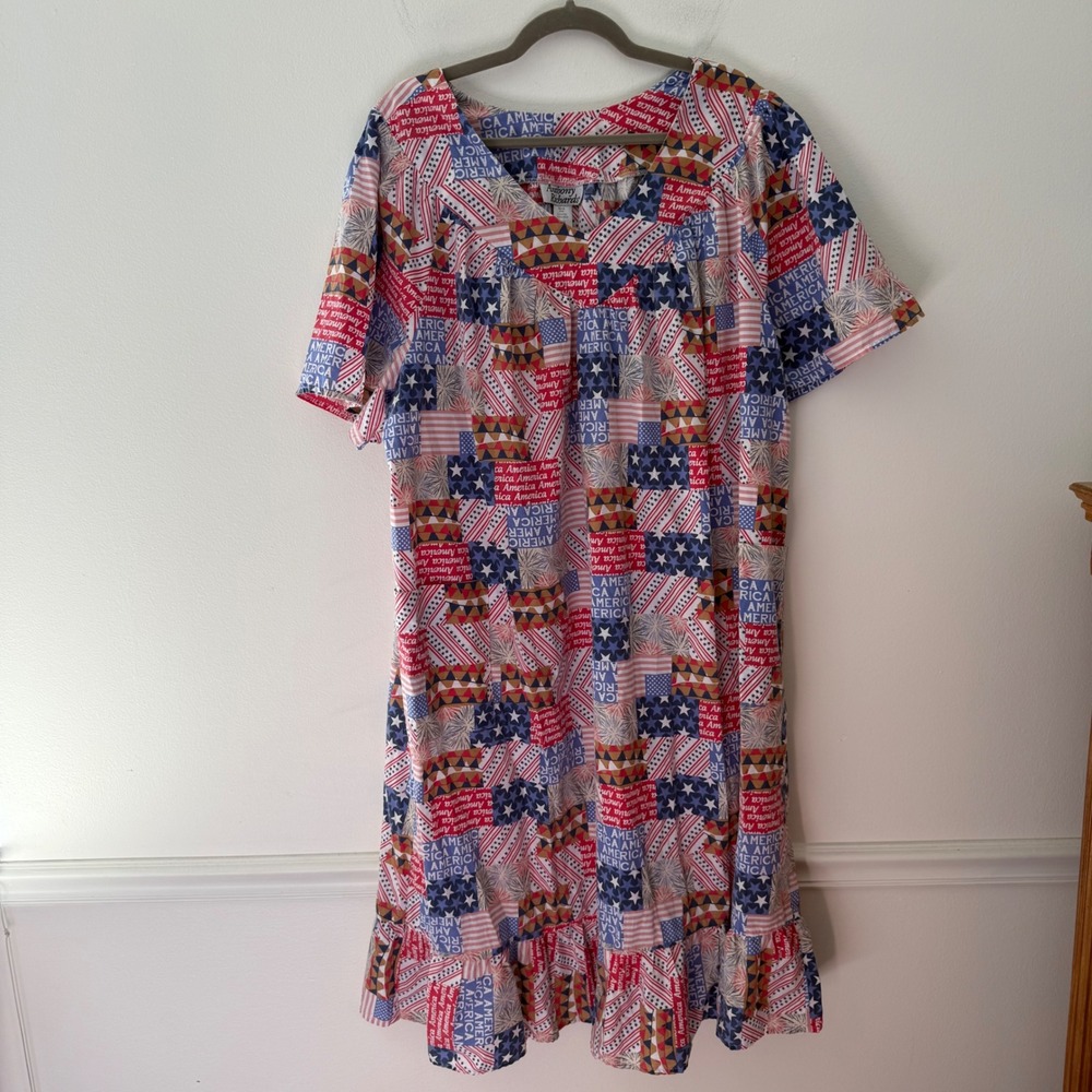 Anthony Richards Womens 3X Patriotic Americana Patchwork Muumuu House Dress Blue
